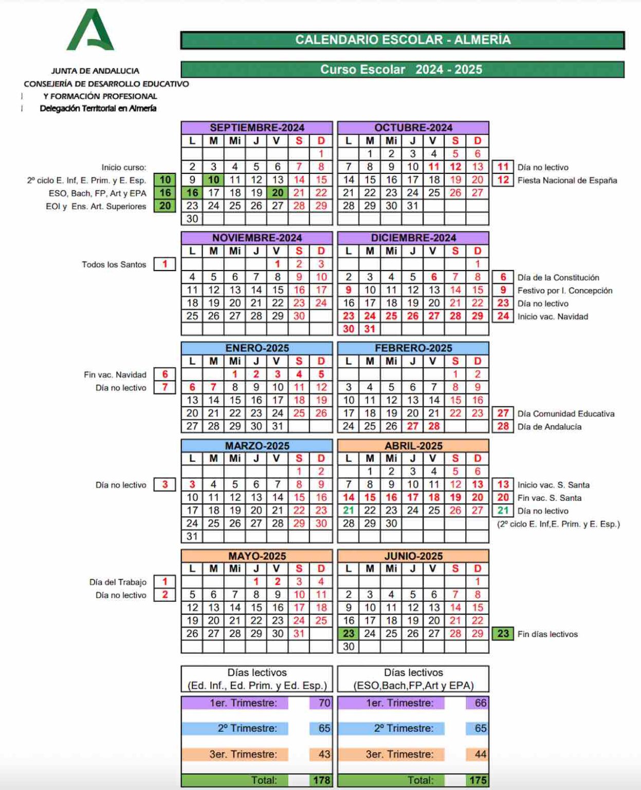 ᐅ CALENDARIO Escolar ALMERÍA curso 2024 2025 educaciondivertida