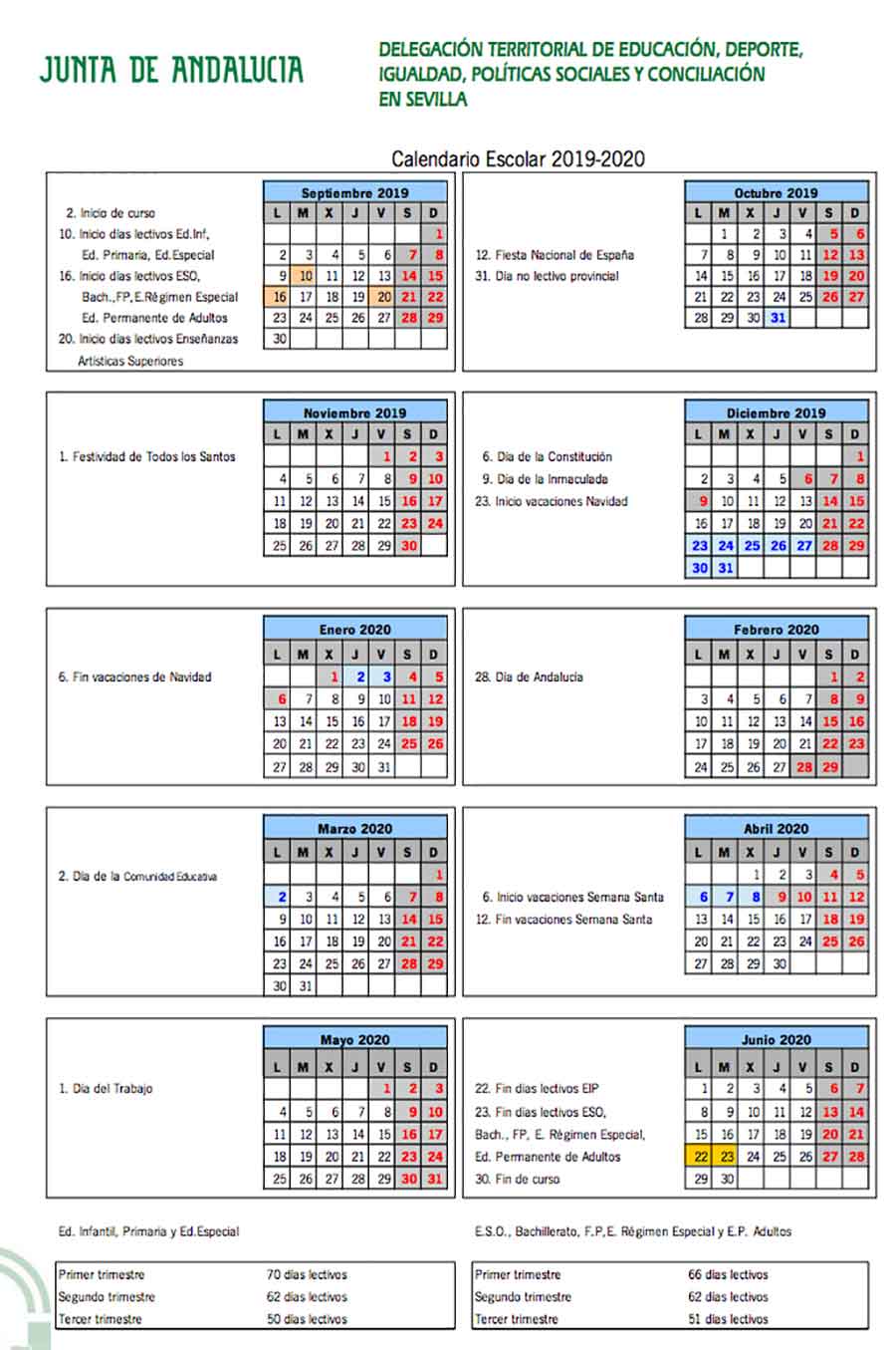 Consulta el Calendario escolar Sevilla para el curso 20182019