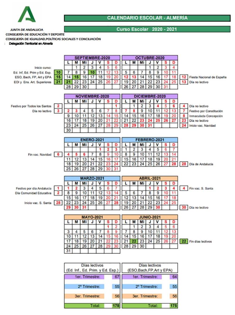 Calendario escolar Almeria curso 2020-2021