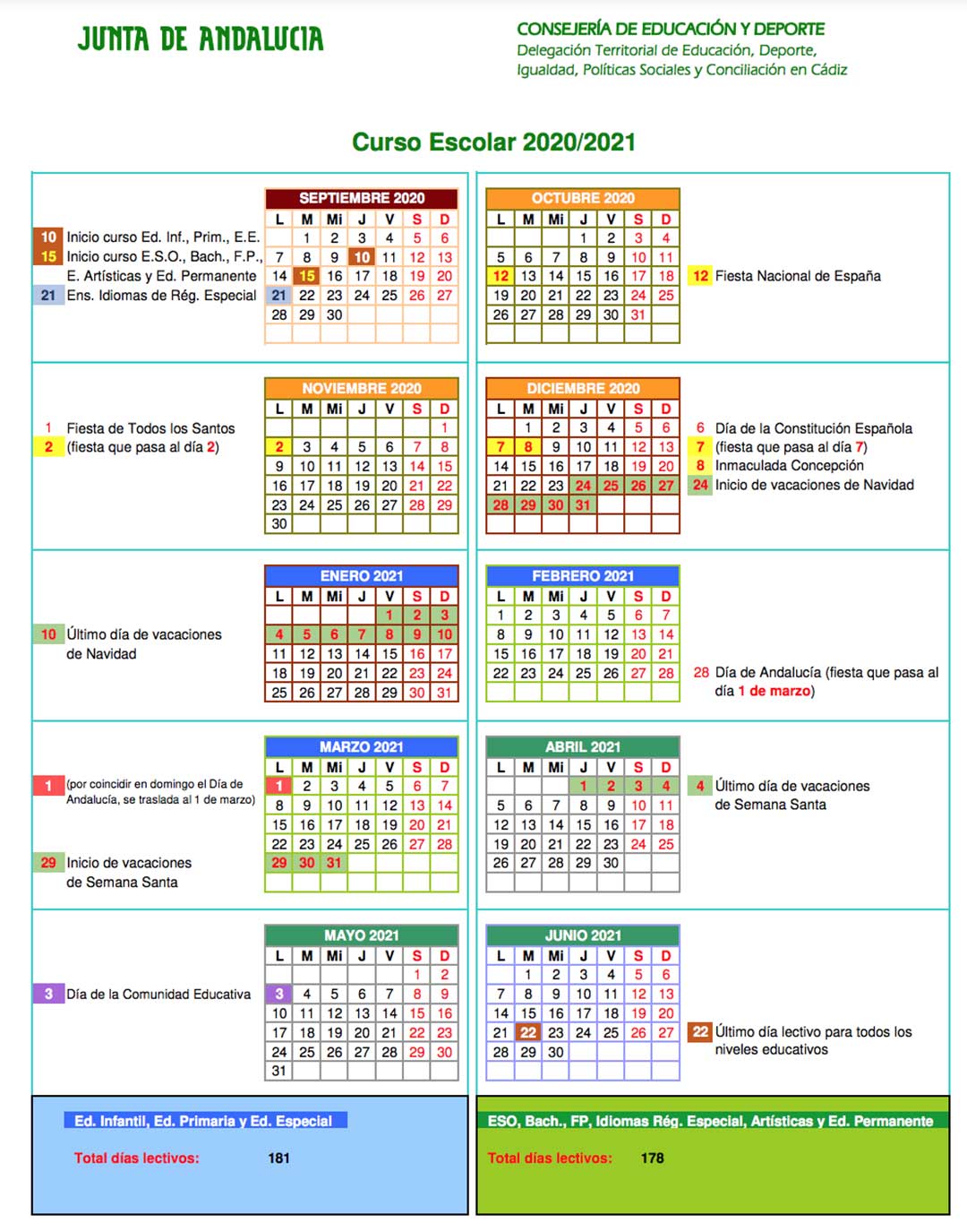 Calendario escolar Cádiz para el curso 2020-2021
