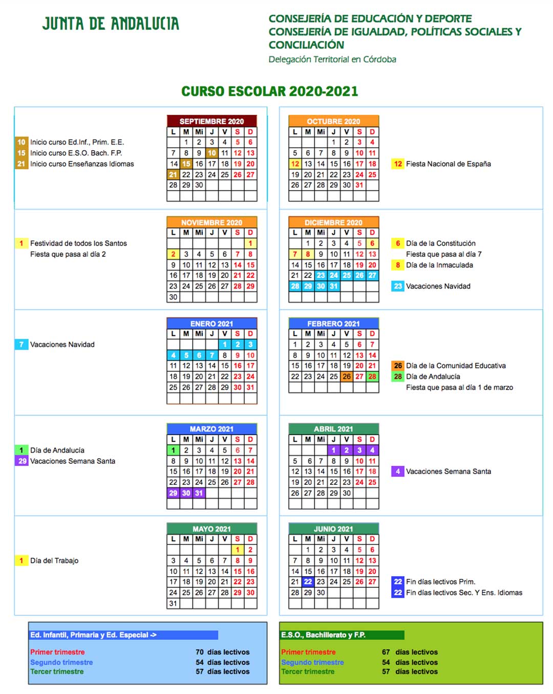 Calendario escolar Córdoba 2020-21