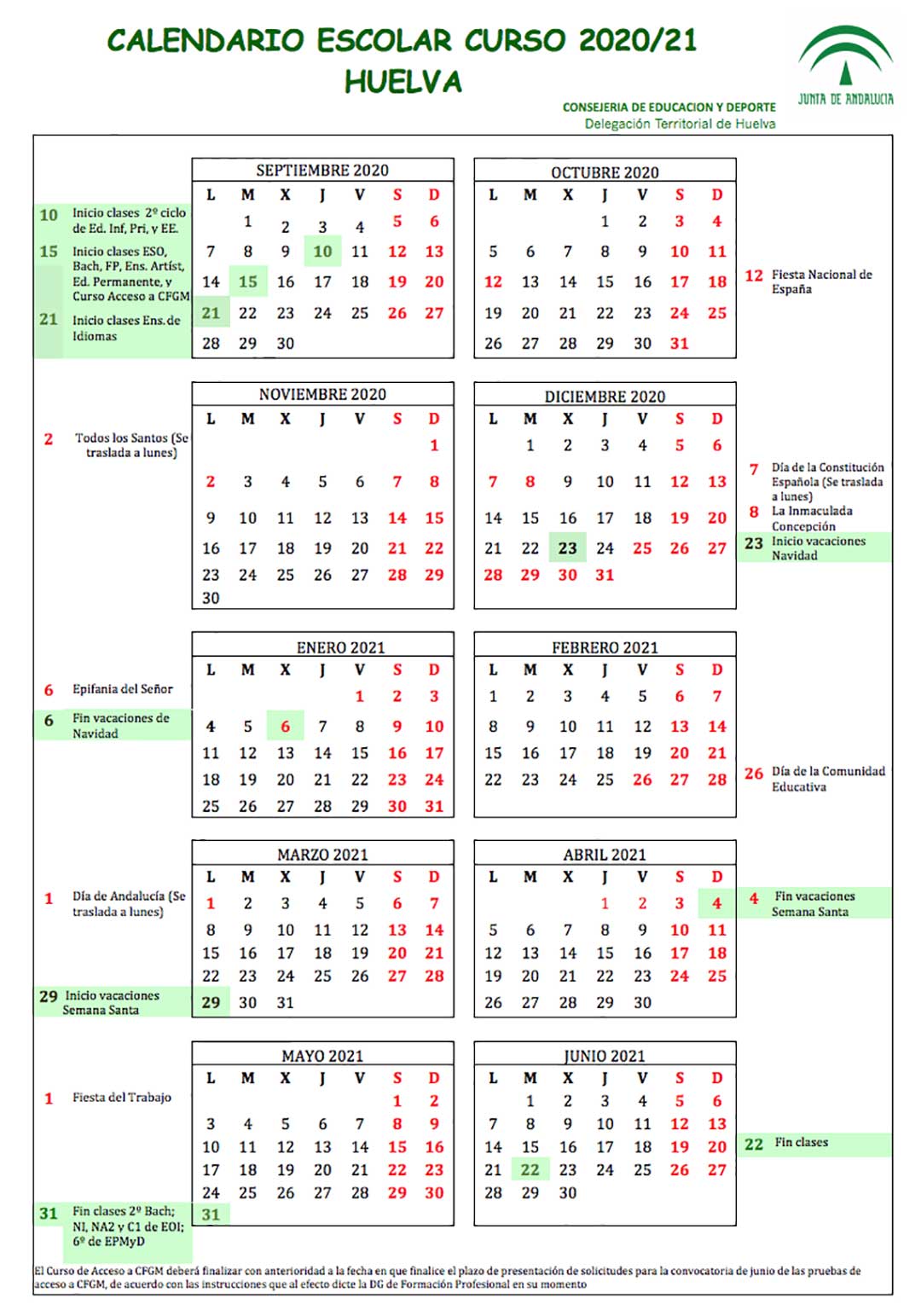 Calendario escolar Huelva para el curso 2020-2021