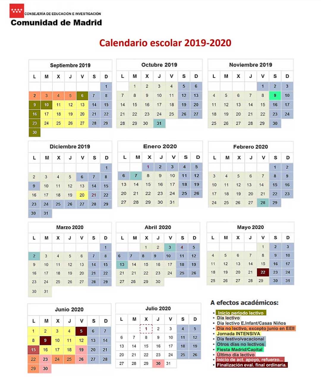 Calendario escolar Madrid para el curso 2020-2021