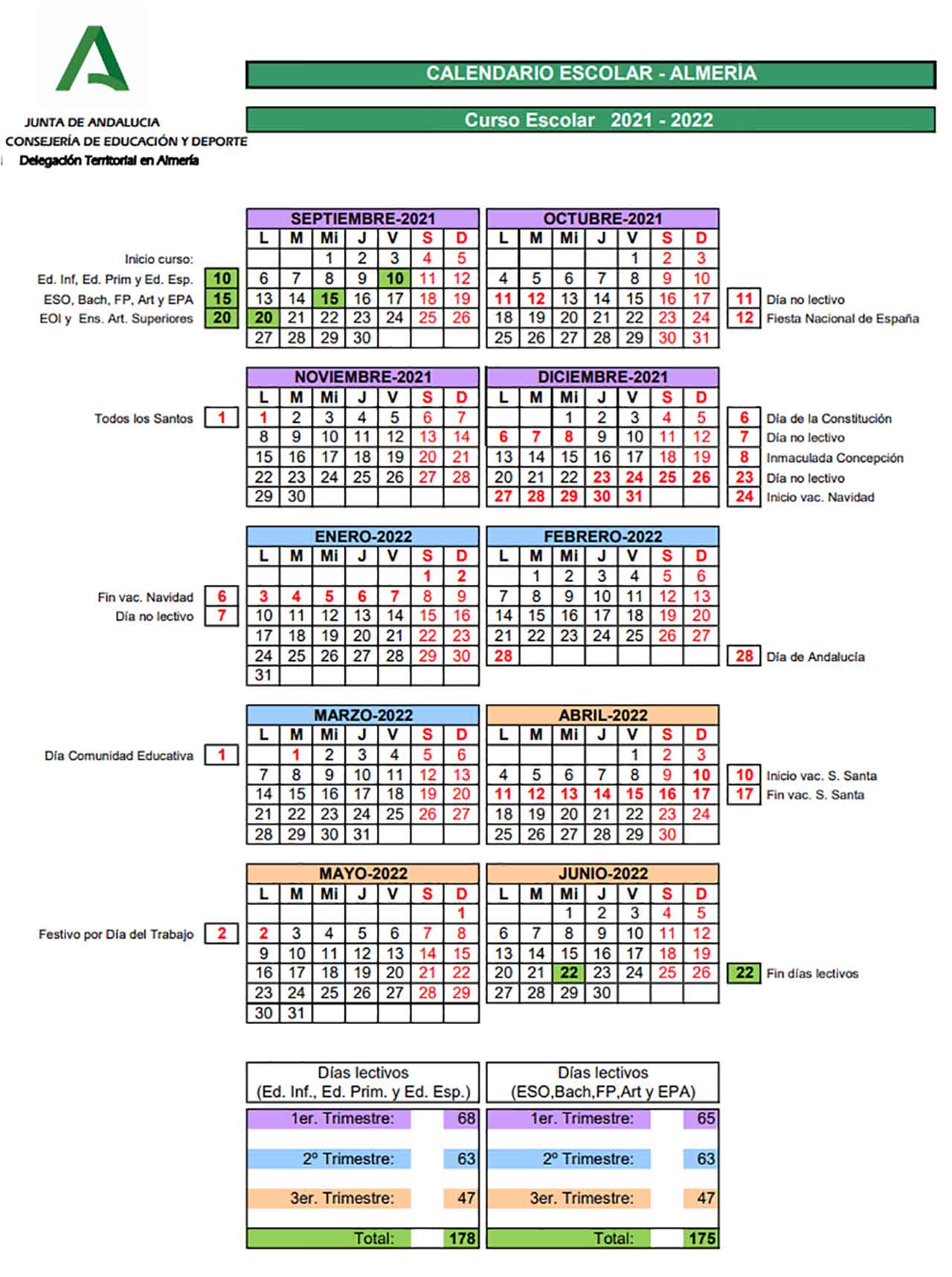 Calendario escolar Almería 2021-2022