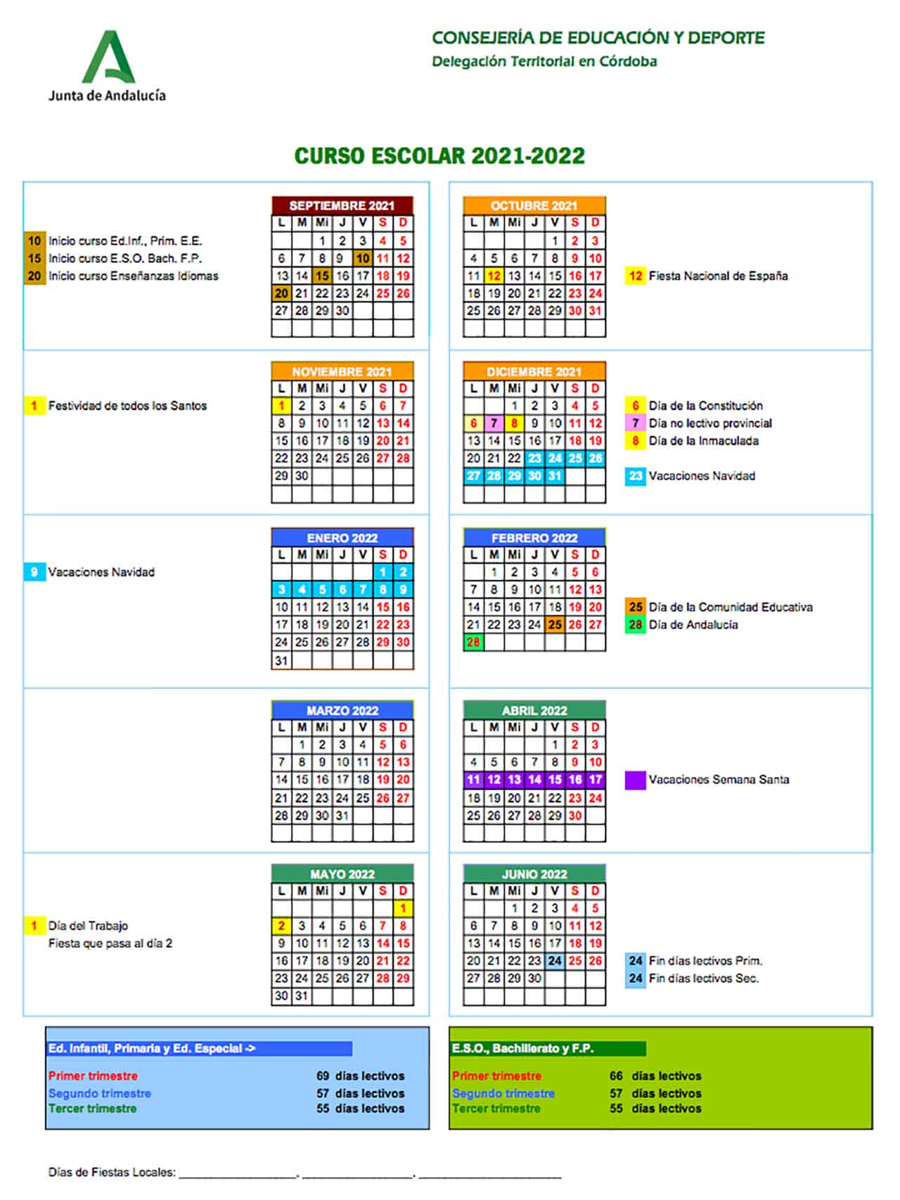 Calendario escolar Córdoba para el curso 2021-2022