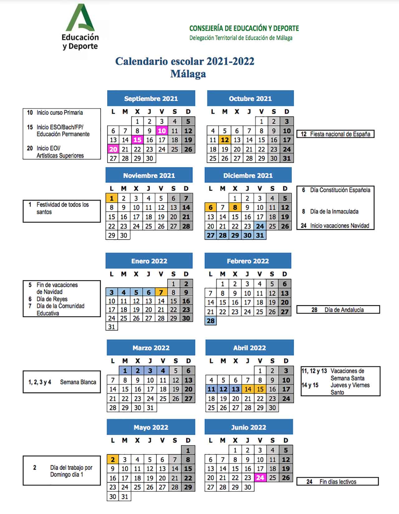 Calendario escolar Málaga 2021-22