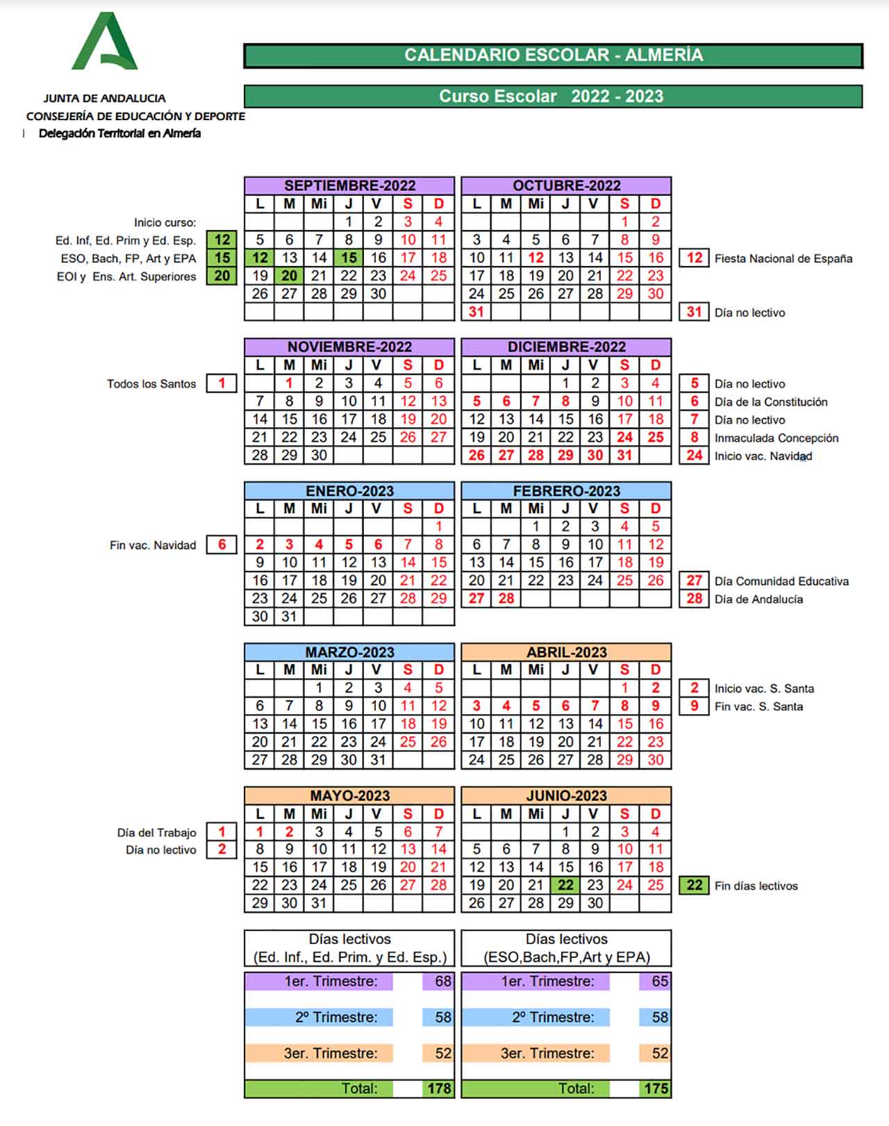 Calendario escolar Almeria 2022-2023
