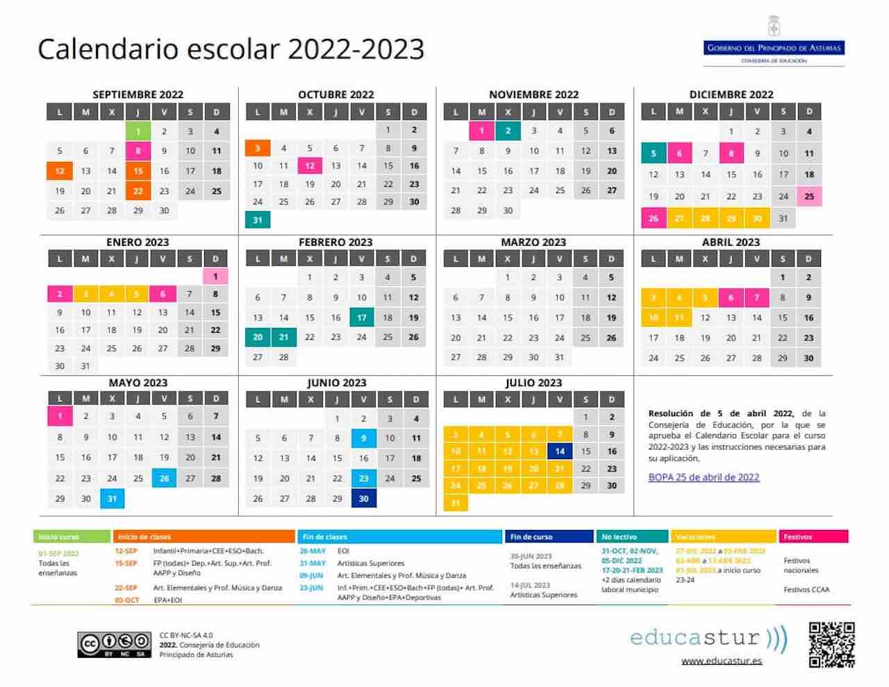 Calendario escolar Asturias 2022-23