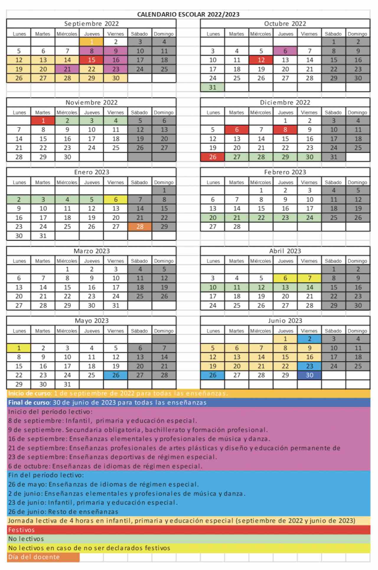 Calendario escolar Cantabria 2022-23