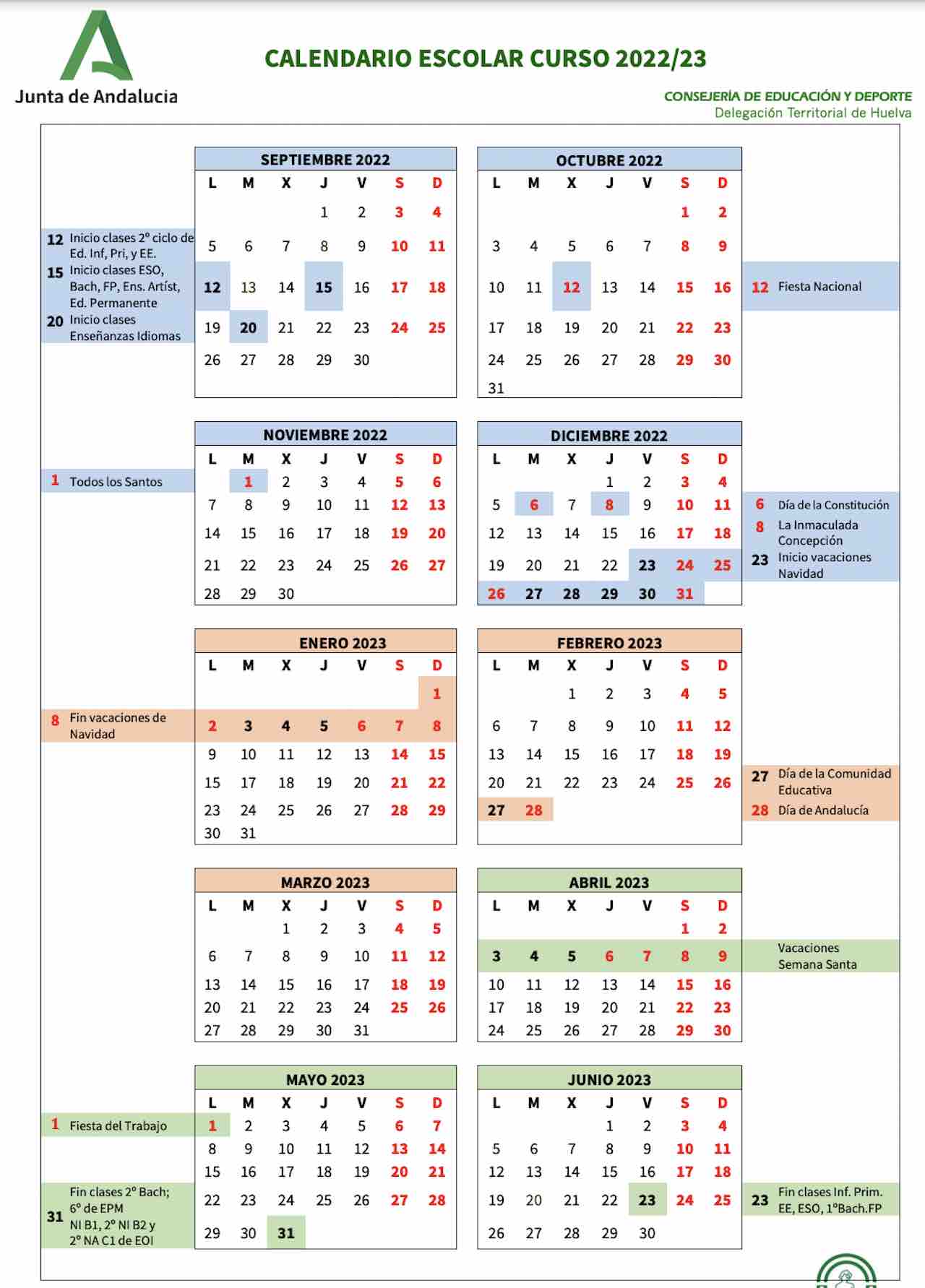 Calendario escolar Huelva 2022-23