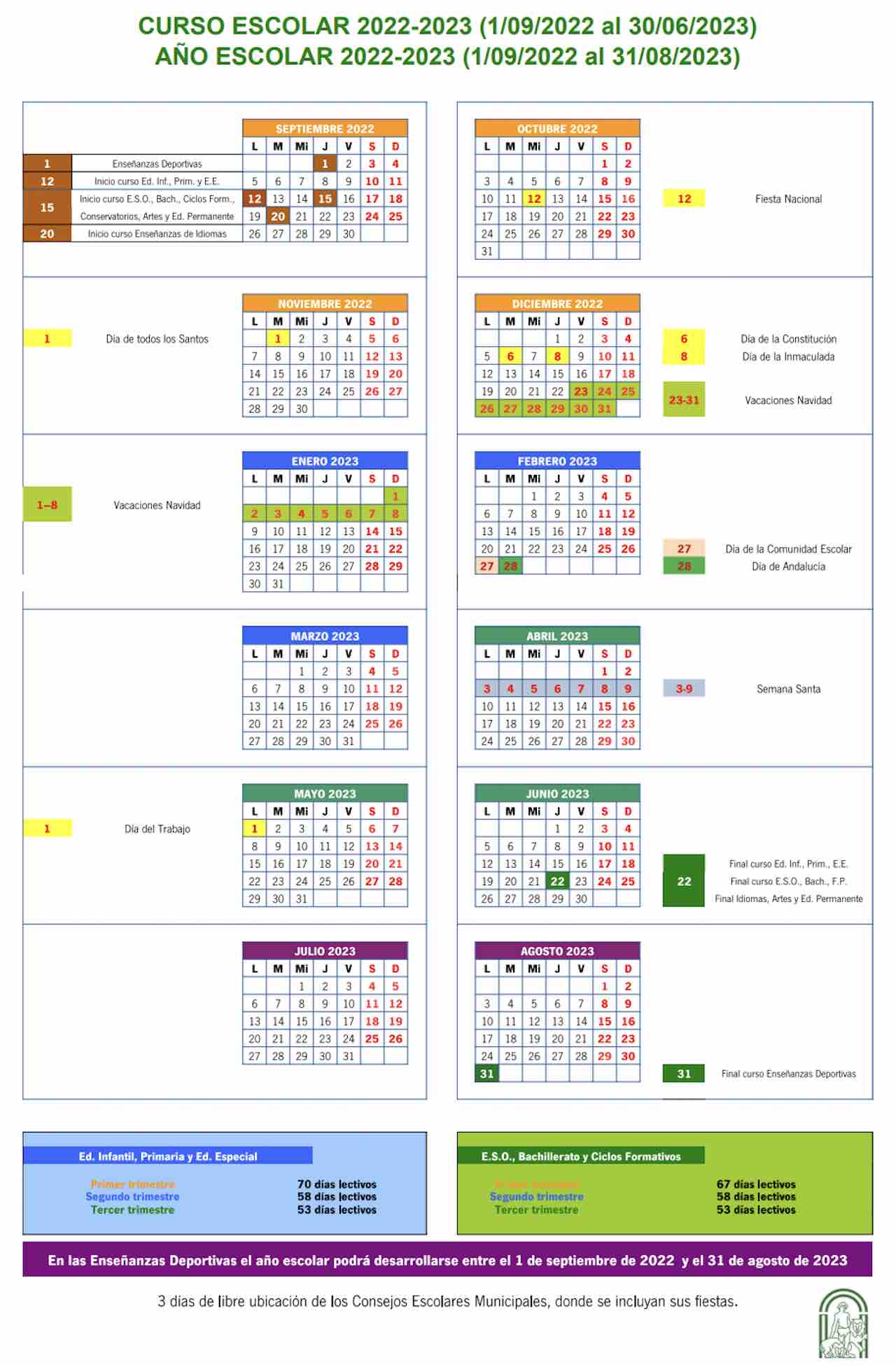 Calendario escolar Jaén 2022-2023