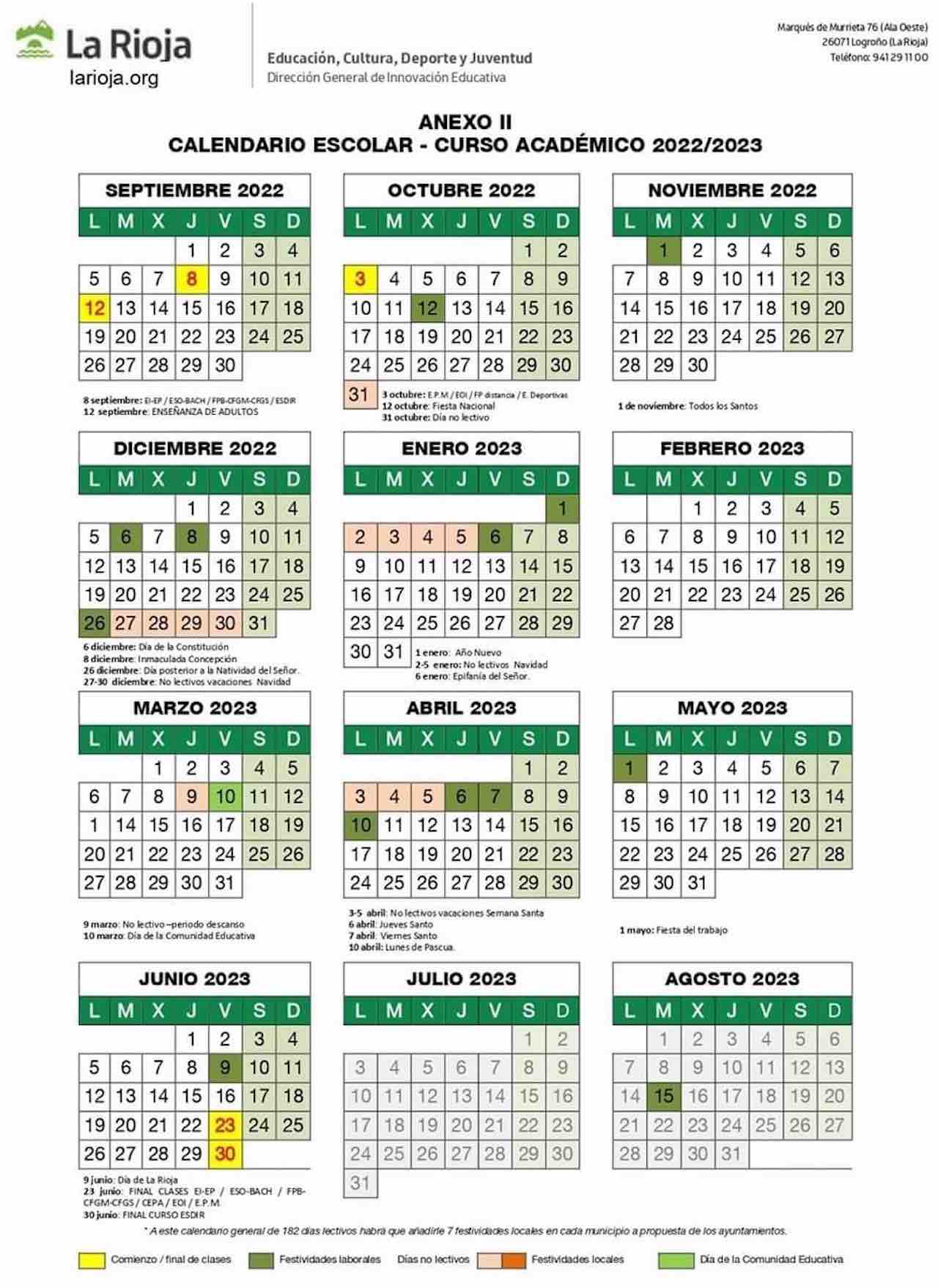 Calendario escolar LA RIOJA para el curso 2022-2023