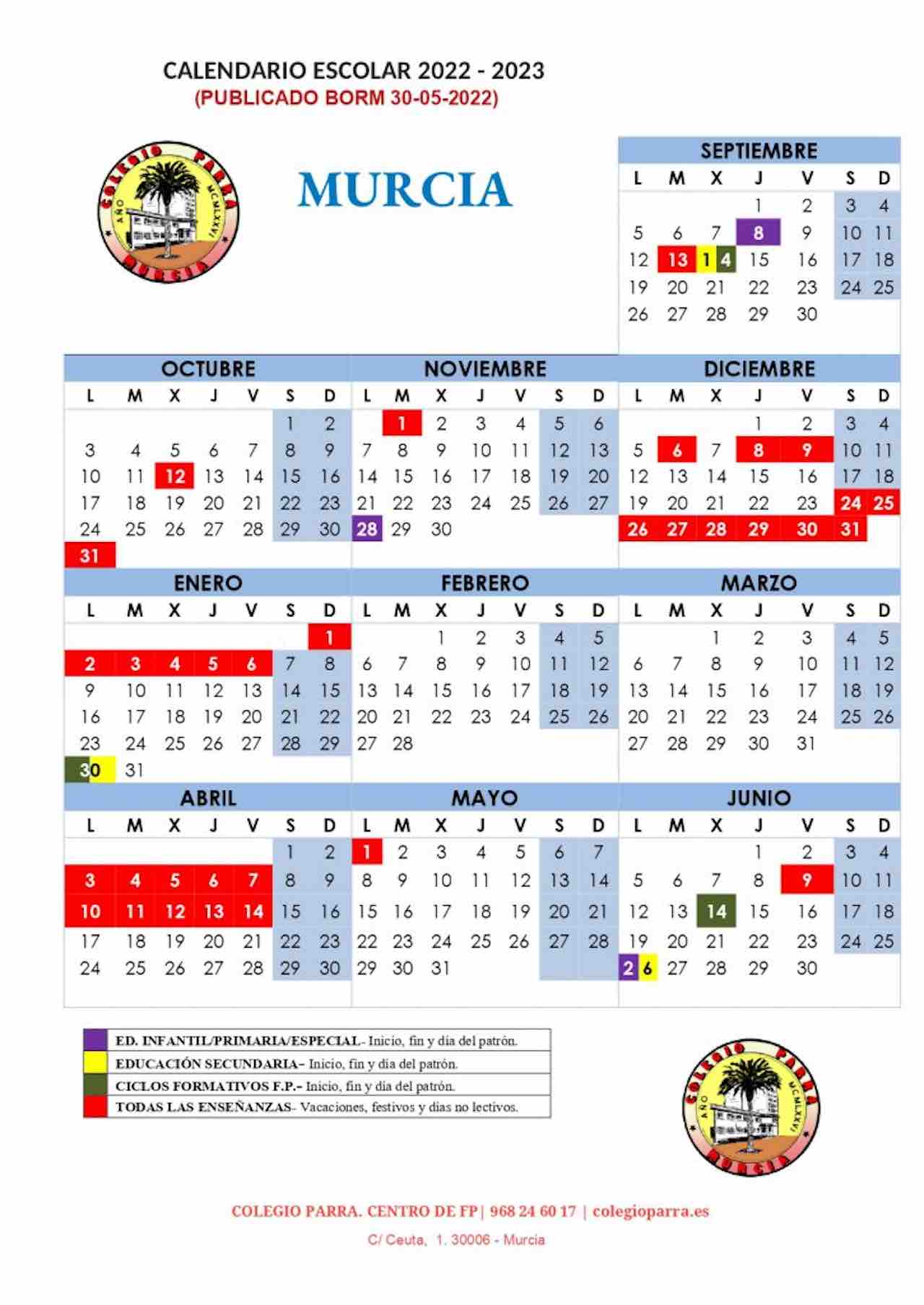 Calendario escolar MURCIA para el curso 2022-2023
