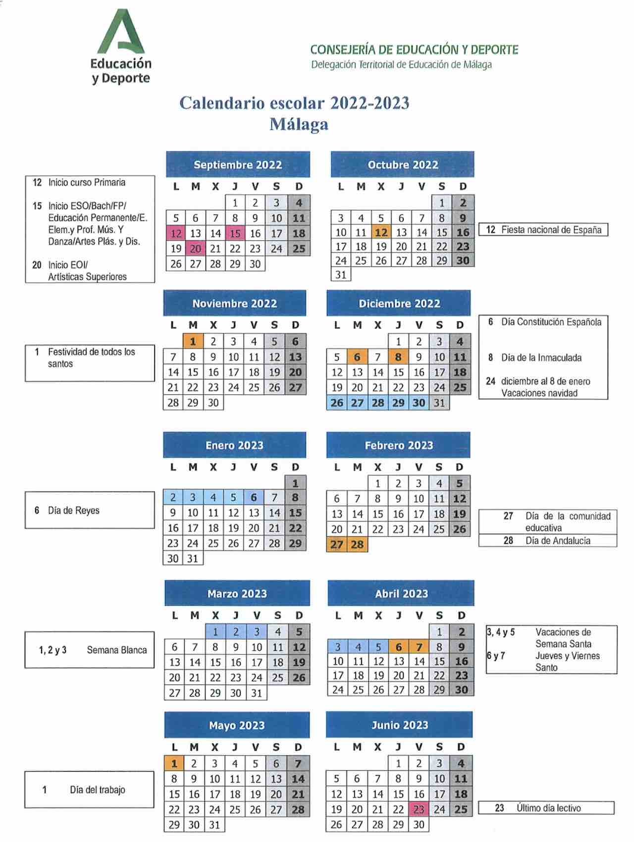 Calendario escolar Málaga 2022-23
