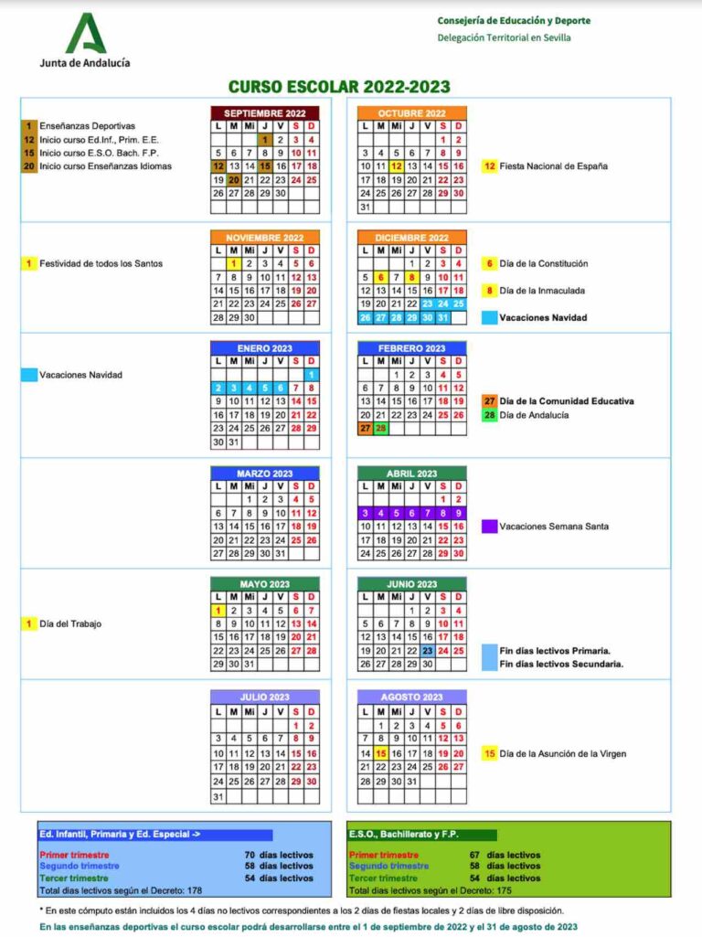 Calendario escolar Sevilla para el curso 20232024