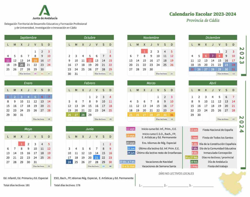 Calendario escolar Cádiz para el curso 20232024