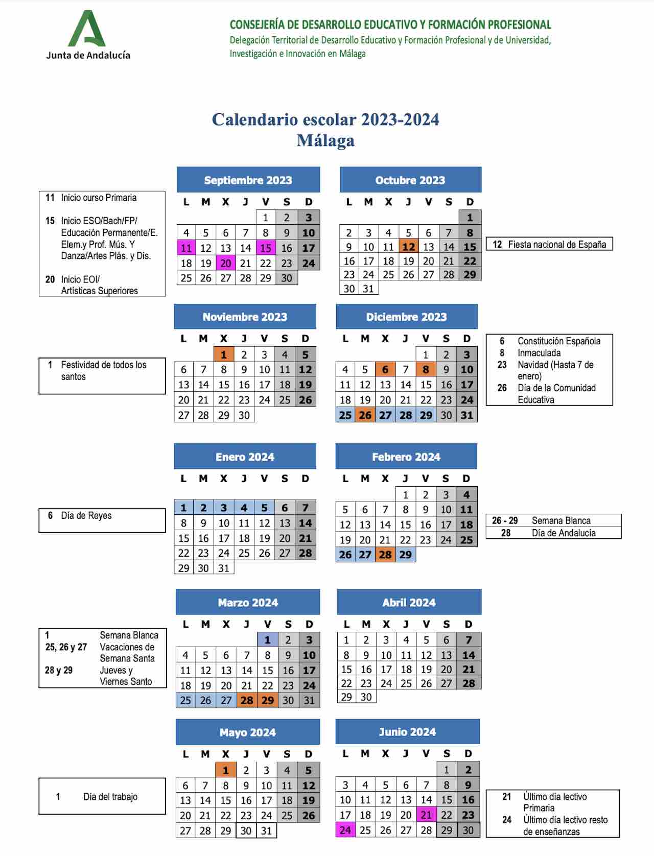 Calendario escolar Málaga 2023-2024