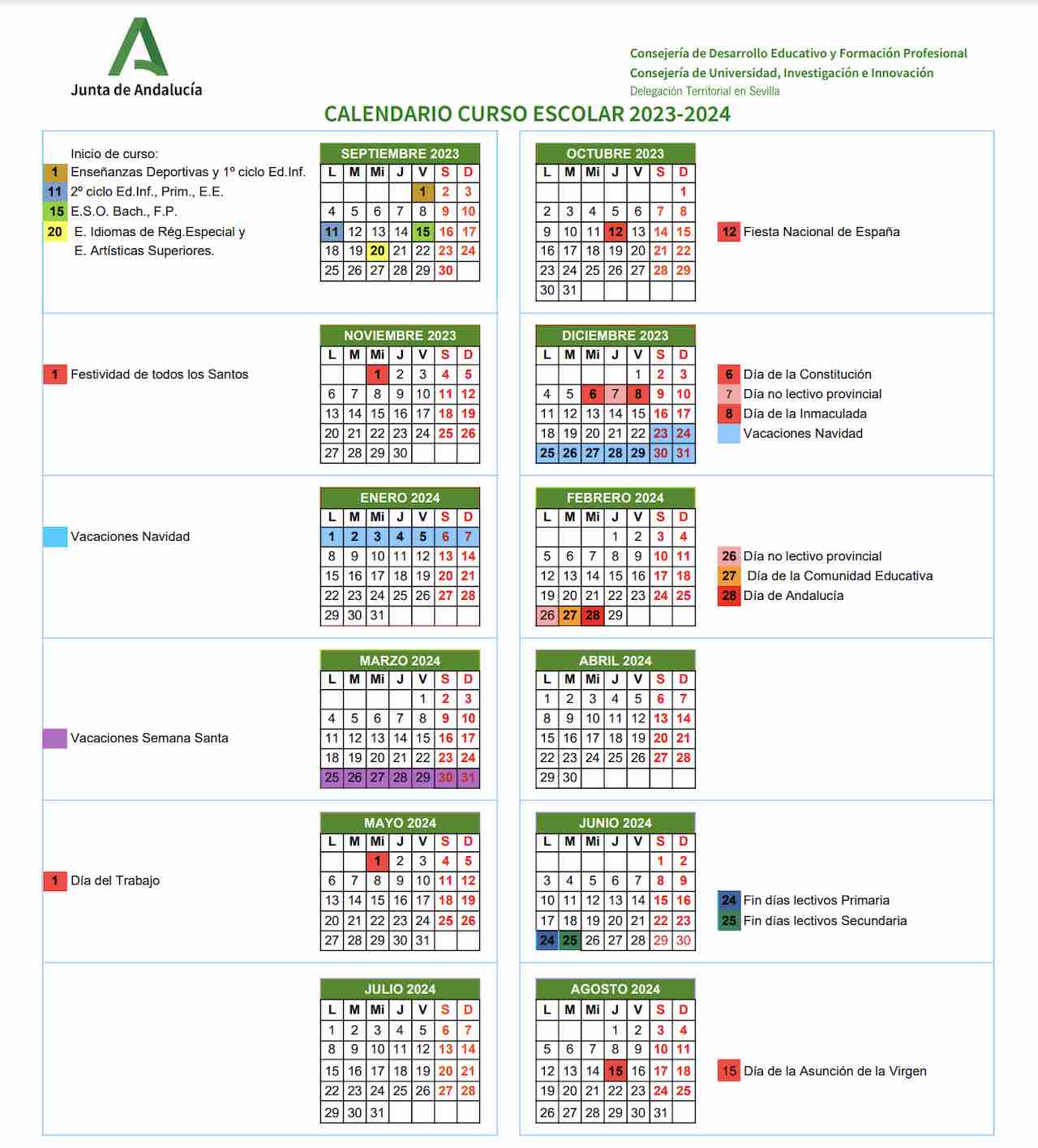 Calendario escolar Sevilla 2023-2024