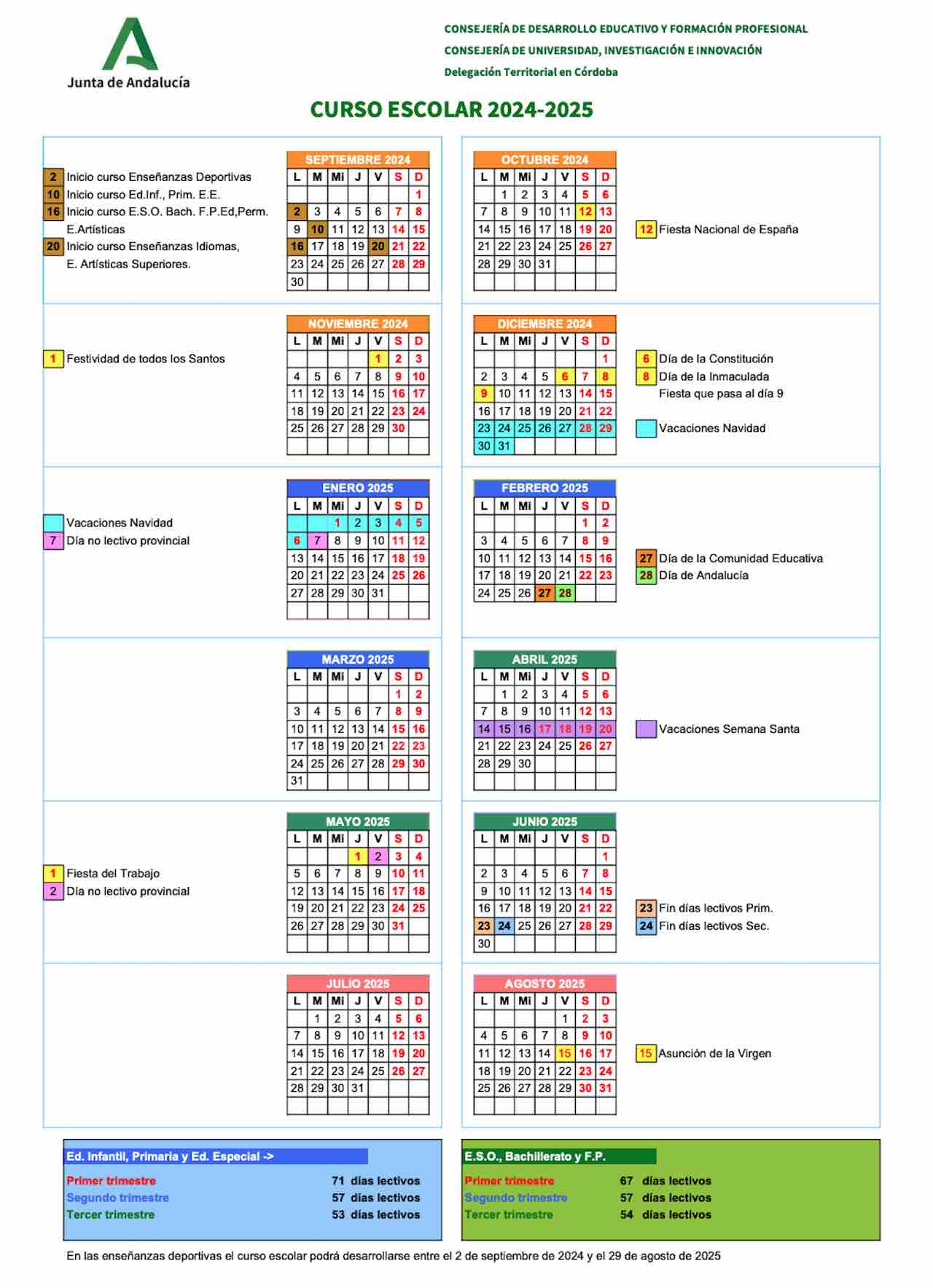 Calendario escolar Córdoba 2024-25