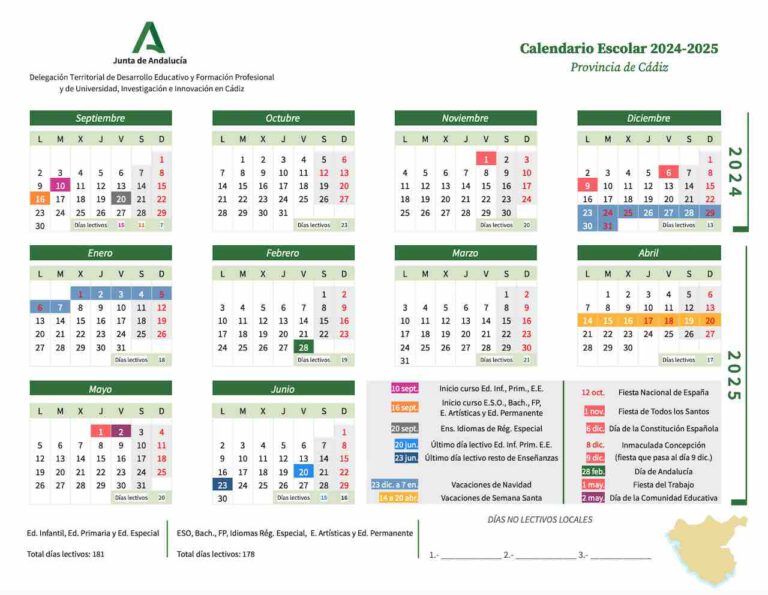 Calendario escolar Cádiz para el curso 2024-2025