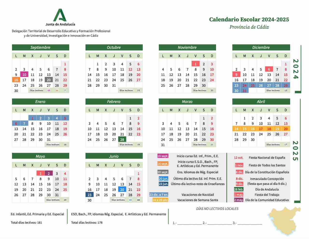 Calendario escolar Cádiz para el curso 2024-2025