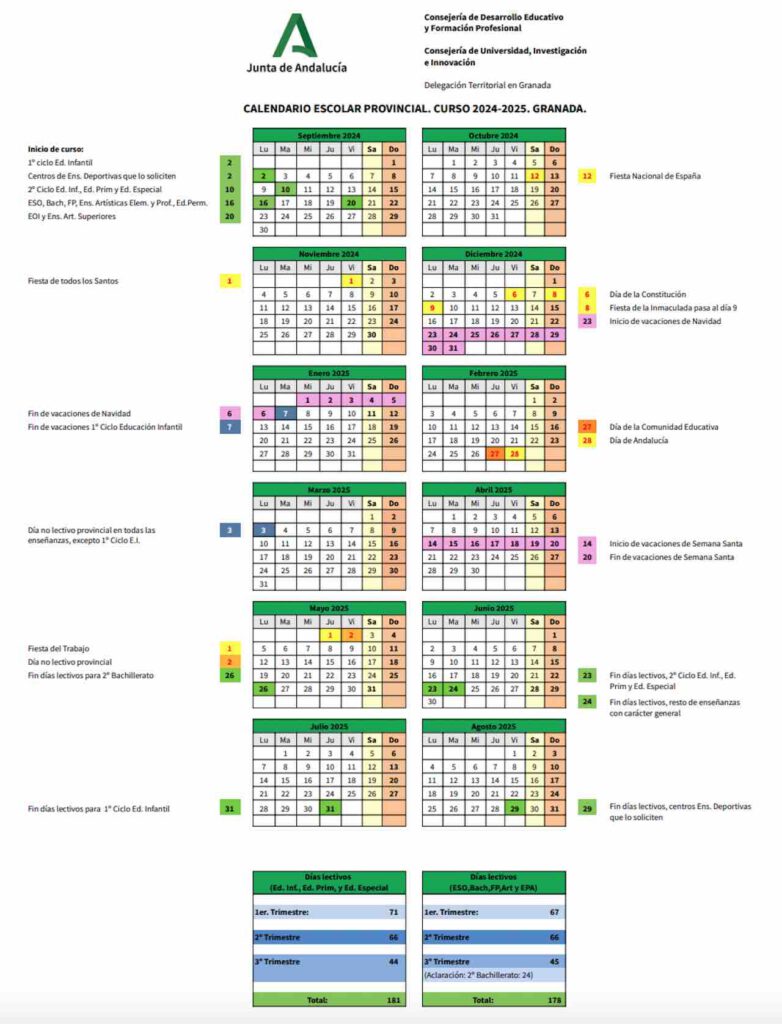 Calendario escolar Granada para el curso 20242025