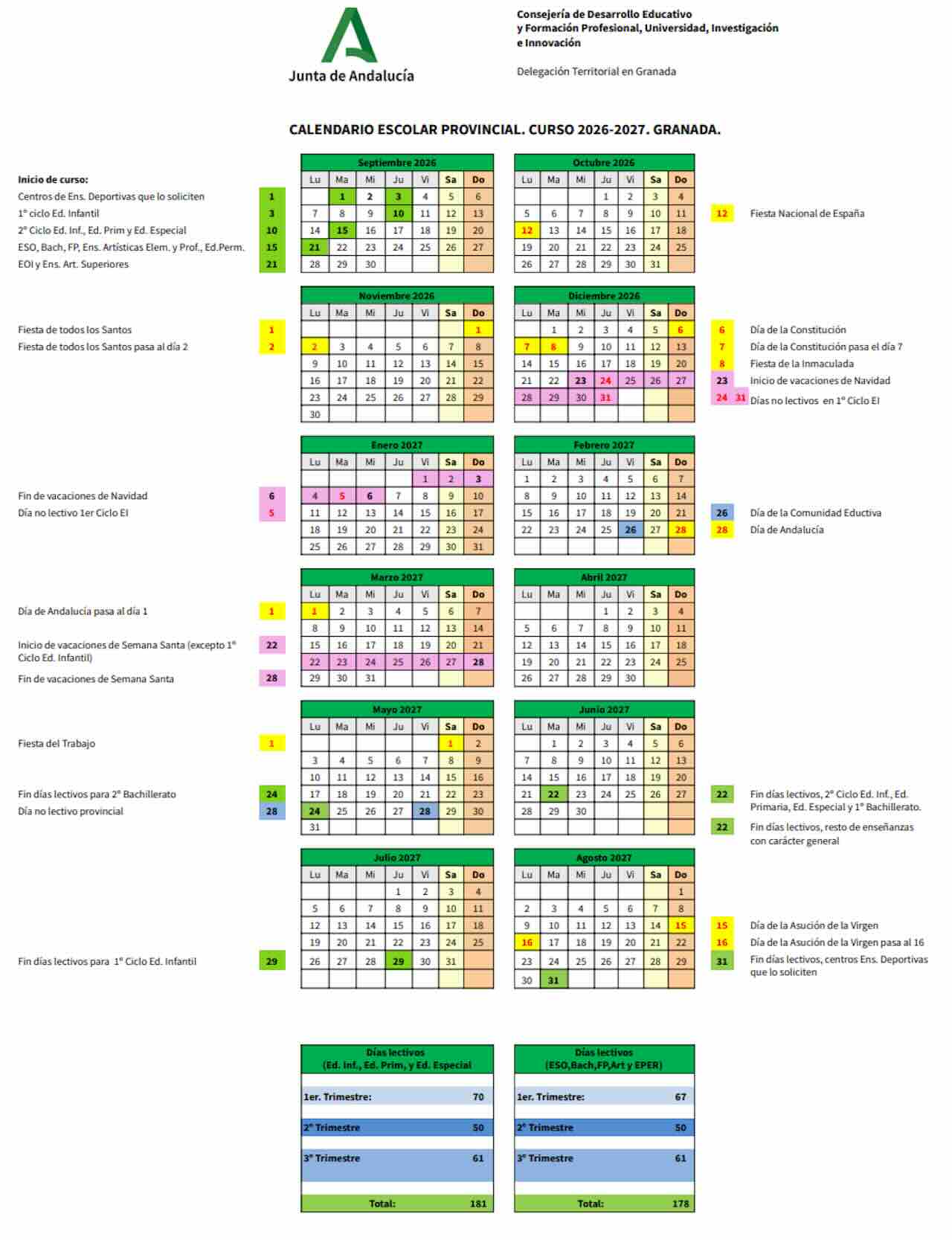 Calendario escolar Granada 2026-27