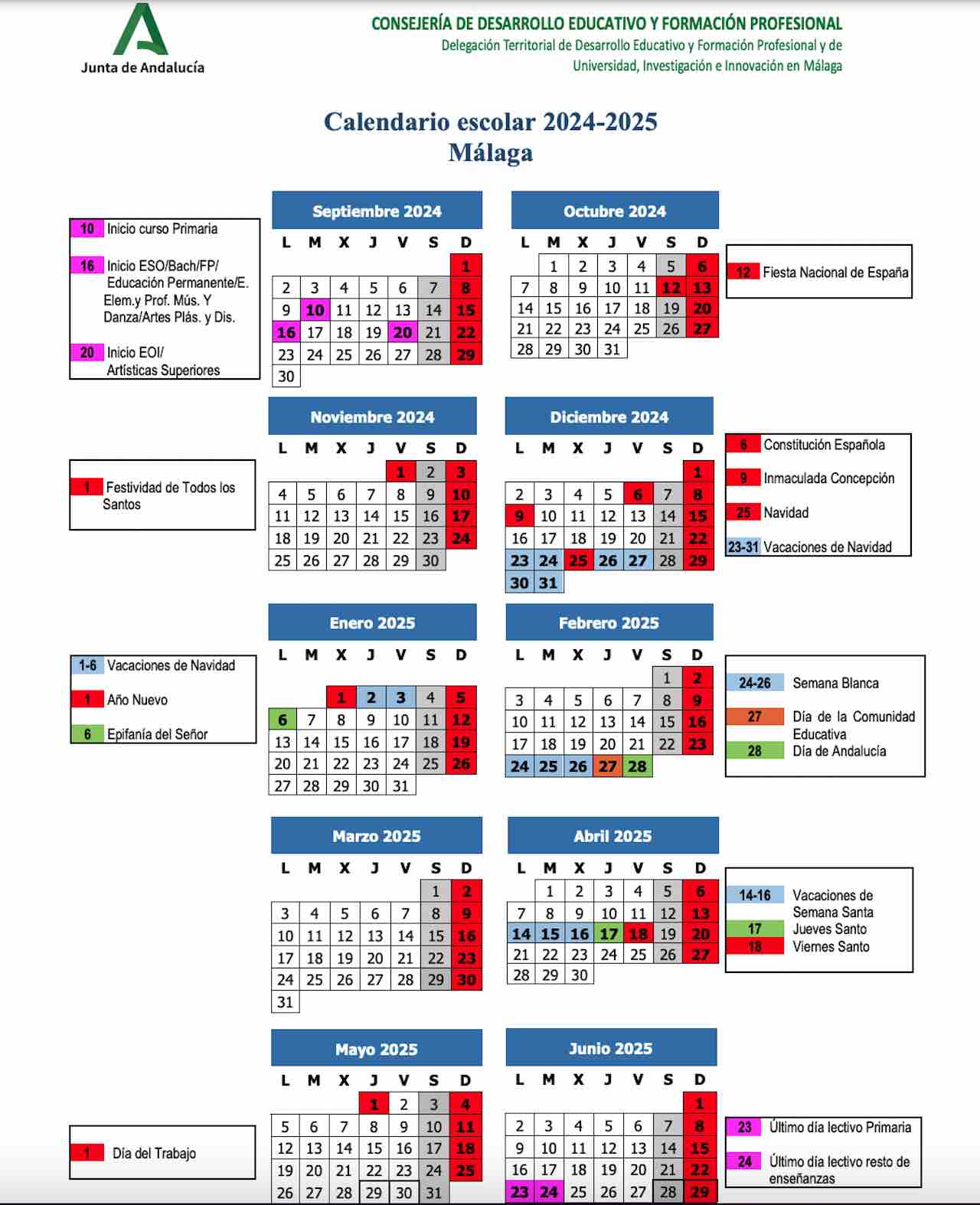 Calendario escolar Málaga 2024-25